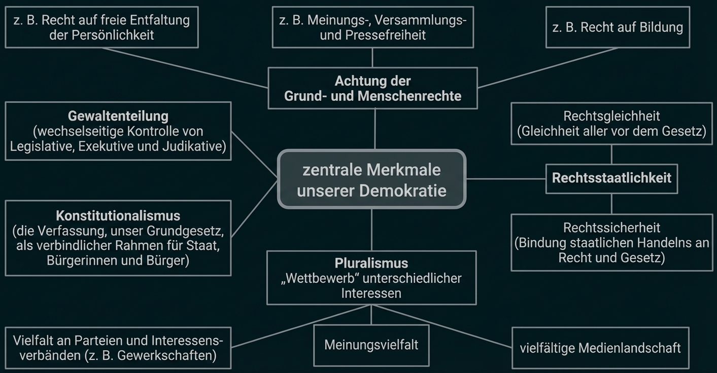 Diagramm: zentrale Merkmale der Demokratie – Grundrechte, Gewaltenteilung, Rechtsstaatlichkeit, Pluralismus